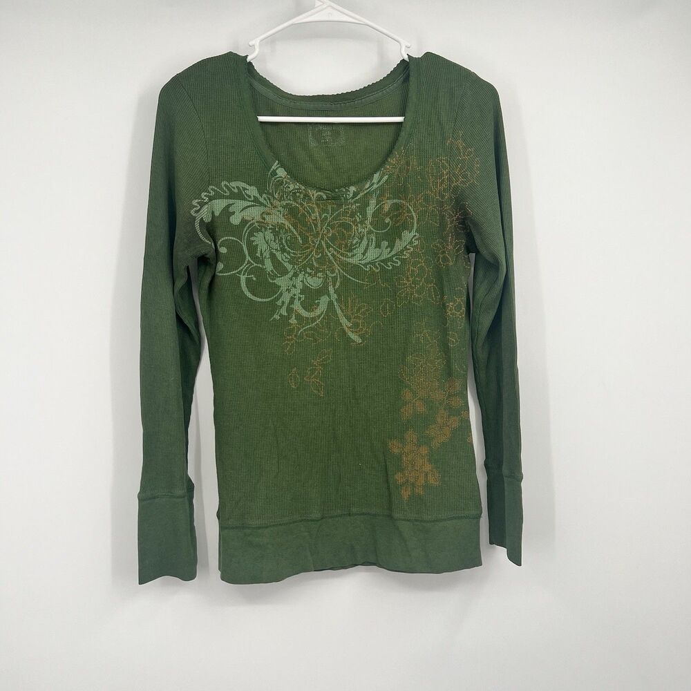 Y2K Green Long Sleeve Waffle Knit Shirt Tunic Large Graphic